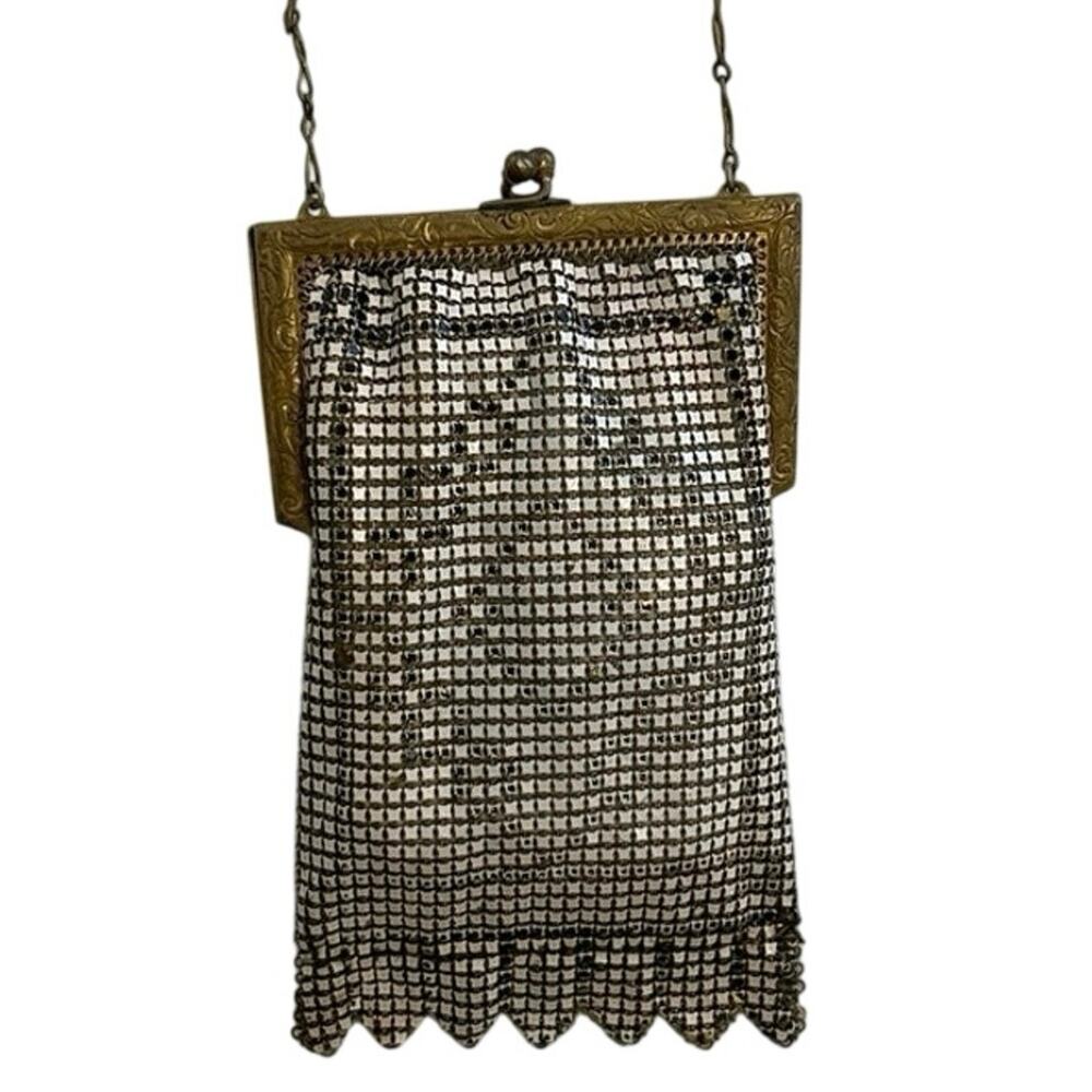 Vtg 1920s Whiting & Davis Art Deco enamel mesh flapper purse Blk/Wht Gold Frame